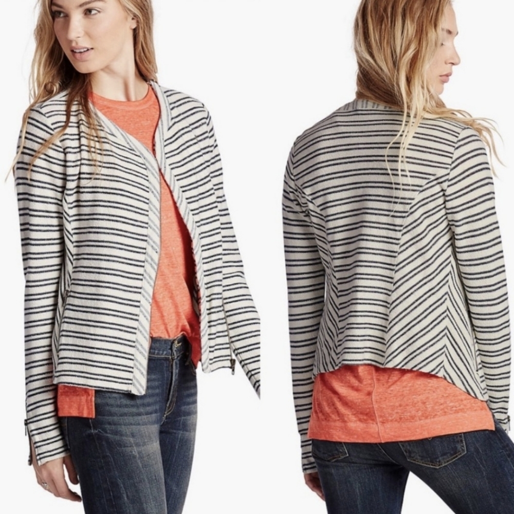 Lucky Brand Jacket Moto Style Sweater Zipper Cuffs Blue & White Striped Cotton L